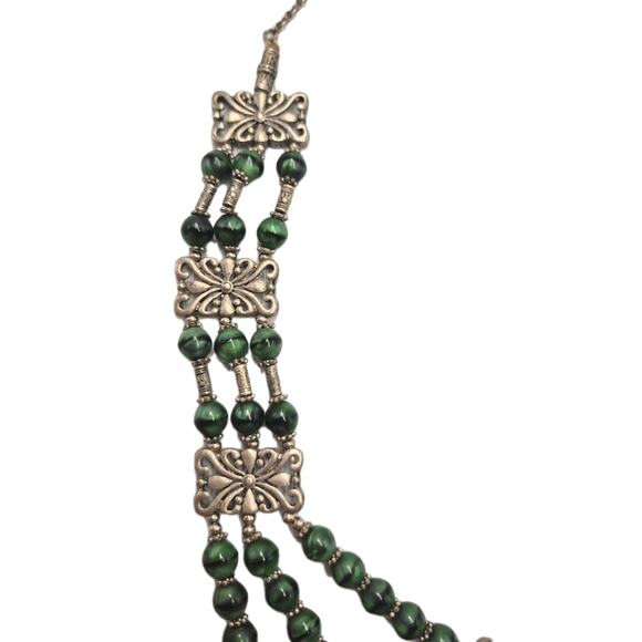 Middle Eastern Tribal Jade Bead 3-Strand Statement Necklace Silvertone Charms - Picture 5 of 8